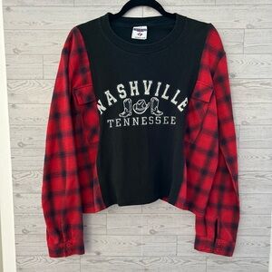 Upcycled Nashville Tennessee Plaid Sleeve Sweatshirt XL Baggy